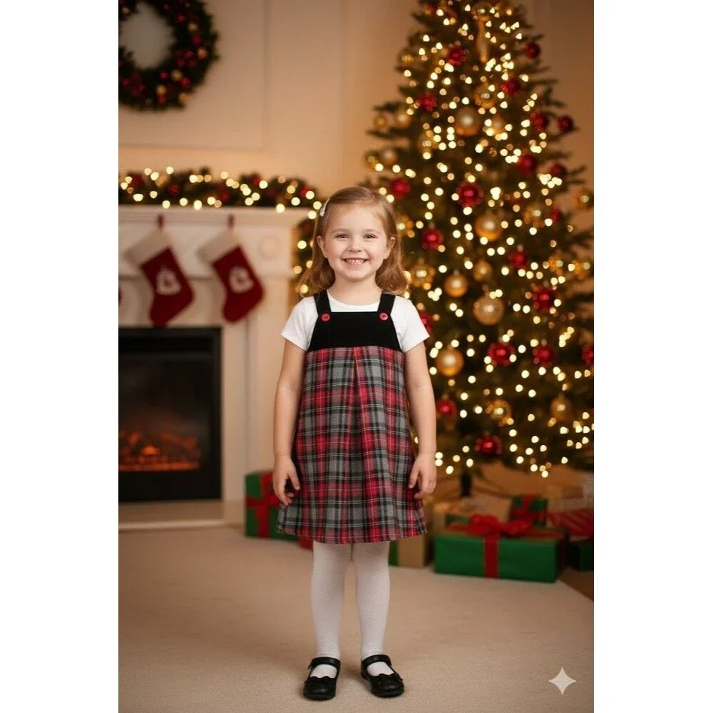 Girls Size 5 Plaid Red Black Jumper Dress Apple Buttons VTG Retro Schoolwear